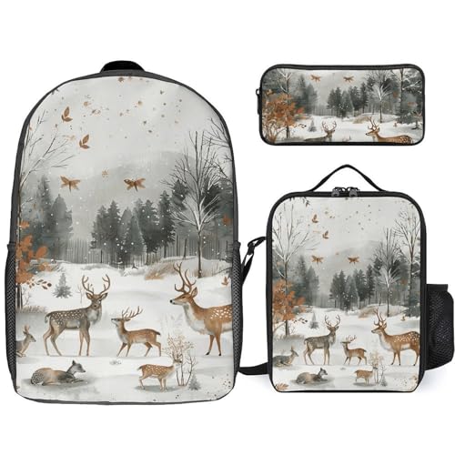 3 Piece Backpack for Women Men Lightweight Causal Daypack Shoulder Bag Set with Insulated Lunch Bag And Pencil Case Organizers Animals And Trees