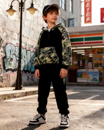 Image of OLMRJKD 5-12Y Boys Clothes 2 Piece Long Sleeve Quarter Zip Hoodie Sweatshirt and Sweatpants Fall Winter Sweatsuit