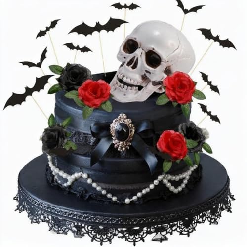 29PCS Gothic Halloween Cake Topper with Black and Red Roses,