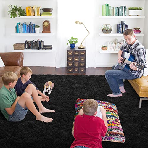 ISEAU Area Rugs 8x10 Feet for Living Room Rugs, Ultra Soft Fluffy Black Rugs for Bedroom, Non-Slip Modern Large Shag Bedroom Rug for Kids Room Dorm Home Decor