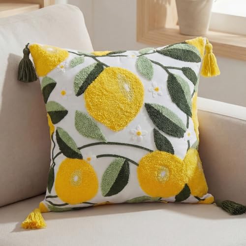 Tudomro Lemon Pillow Covers with Tassel 18 x 18 Inch Embroidered Throw Lemon Decorative Pillow for Living Room Couch Sofa Bed Holiday Spring Summer Home Decor