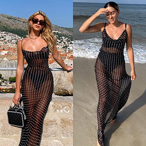 Image of Suillty Women Mesh Sheer Spaghetti Strap Long Maxi Dress Sexy Sleeveless Backless Beach Swimsuit Cover Ups Party Club Dresses Black