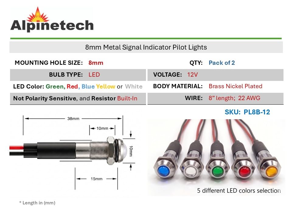 Alpinetech 2PCS PL8B-R 8mm 5/16" Rojo 12V Luz LED Indicadora miniatura 2