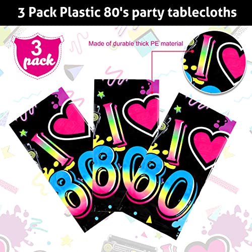 Tegeme 3 Pack 80s Plastic Party Tablecloth 80's Party Table Cover 80s Birthday Supplies The 80's Hip Hop Decoration Throwback Birthday Decoration for Dining Room, 54 x 108''