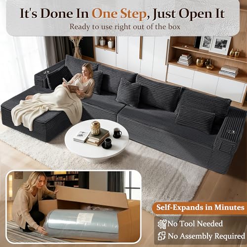 Image of 138 inch Oversized Cloud Sectional Couch, Comfort L Shaped Boneless Couch for Living Room, Extra Deep Seats No Assembly, Minimalist Modular Sofa, Corduroy (Dark Grey, 3 Seater+Right Facing Chaise)