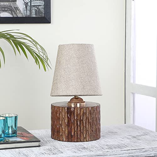 Image of tu casa Wooden Table Lamp Mango Wood Fabric Shade for Bedside & Livingroom