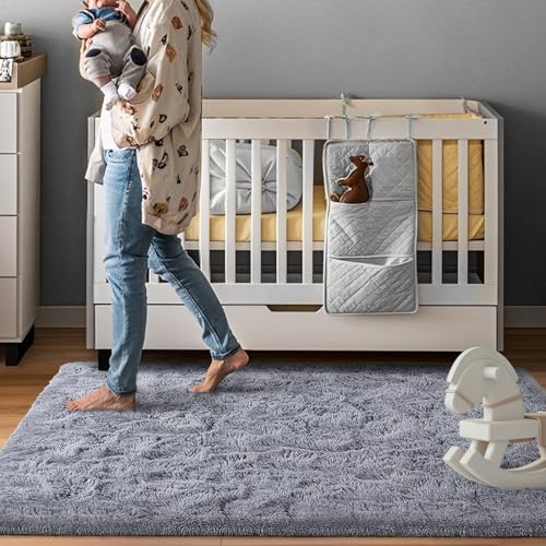 Grey Rugs for Bedroom Fluffy 3x5 ft Living Room Rug Non-Slip Area Rugs Shag Carpet for Nursery Kids Play Room Dorm Office Indoor Modern Plush Carpets Boys Light Gray