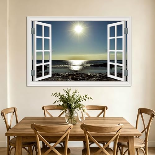 Tableau paysage fenêtre trompe-l'œil vue nature soleil déco murale chambre 30x45