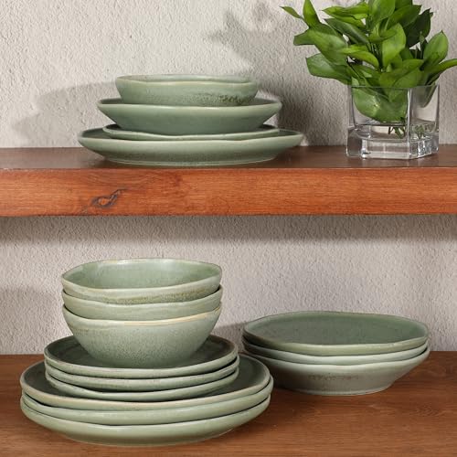 Gibson Elite Island Cove 16 Piece (Service for 4) Plates and Bowls Reactive Glaze Organic Round Dishes Stoneware Ceramic Dinnerware Set -Green by Gibson Elite - Image 3