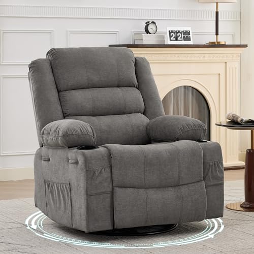 Image of Rocking Recliner Chair for Adults, Oversized 360° Swivel Rocker Recliner with Cup Holder, Nursery Glider with Upholstered Deep Seat Linen Comfy Single Sofa for Living Room