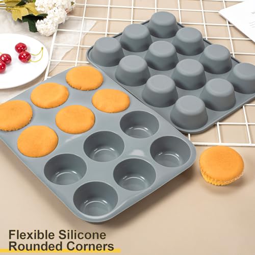 2 Pack Muffin Trays, Silicone Muffin Moulds 12 Cup, Non Stick Muffin Cupcakes Tin 12 Deep, Baking Tray for Cupcakes Yorkshire Bun Pudding, Baking Moulds Tins-30 x 22 x 3 cm - Image 6