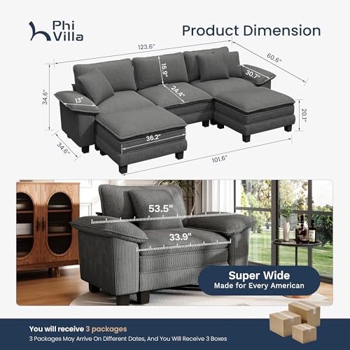 Image of PHI VILLA Cloud Modular Couch Sets, 123.6 inch Oversized Sectional Sofa with U-Shaped Chaise, 5-Seater Couches with 2 Movable Ottomans for Living Room, Corduroy Grey
