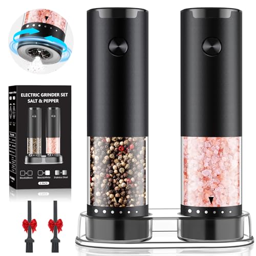 Electric Salt and Pepper Grinder Set, Automatic Salt and Pepper shakers with Upgraded 6-Level External Adjustable Coarseness, Battery Operated, Larger Capacity with Led for Home Kitchen (Black/Black)