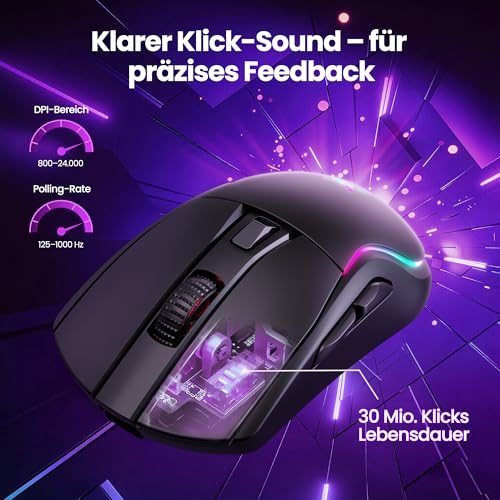 TECKNET Gaming Maus Kabellos, 24K DPI Sensor, RGB Wiederaufladbare Maus mit 100 Std. Akkulaufzeit, 2.4G/USB-C/Bluetooth Ergonomische Gaming Mouse mit 6 Programmierbare Tasten, 300 IPS für PC/Mac Gamer 4
