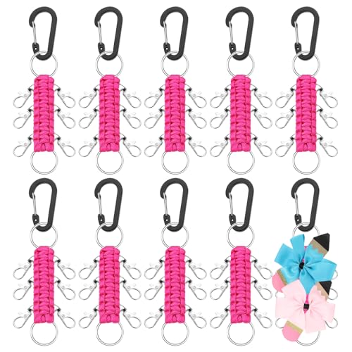 Berlune 10 Pcs Cheer Bow Holder for Backpack Paracord Keychain Cheer Bow Keychain for High School Cheerleading Teen Girls (Rose Red)