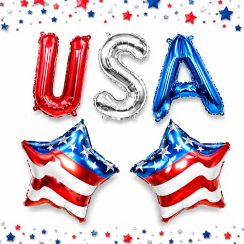 USA Patriotic Balloon Set for 4th of July Decorations Independence Day Balloon Decor with USA Foil Letter Balloons & American Flag Star Balloons Red White Blue Party Supplies