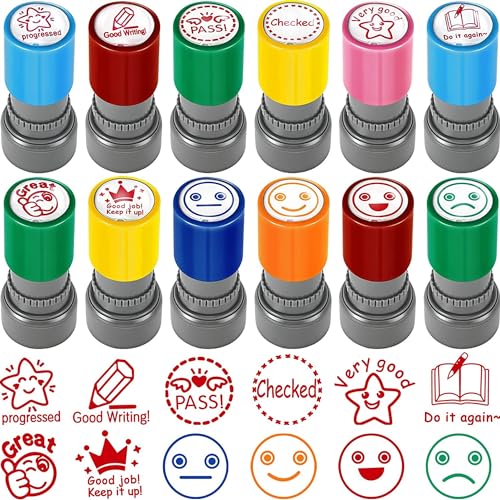 SQAQS 12PCS Sellos de Goma Autoentintados para Maestros, Sellos Fotosensibles y de Comportamiento
