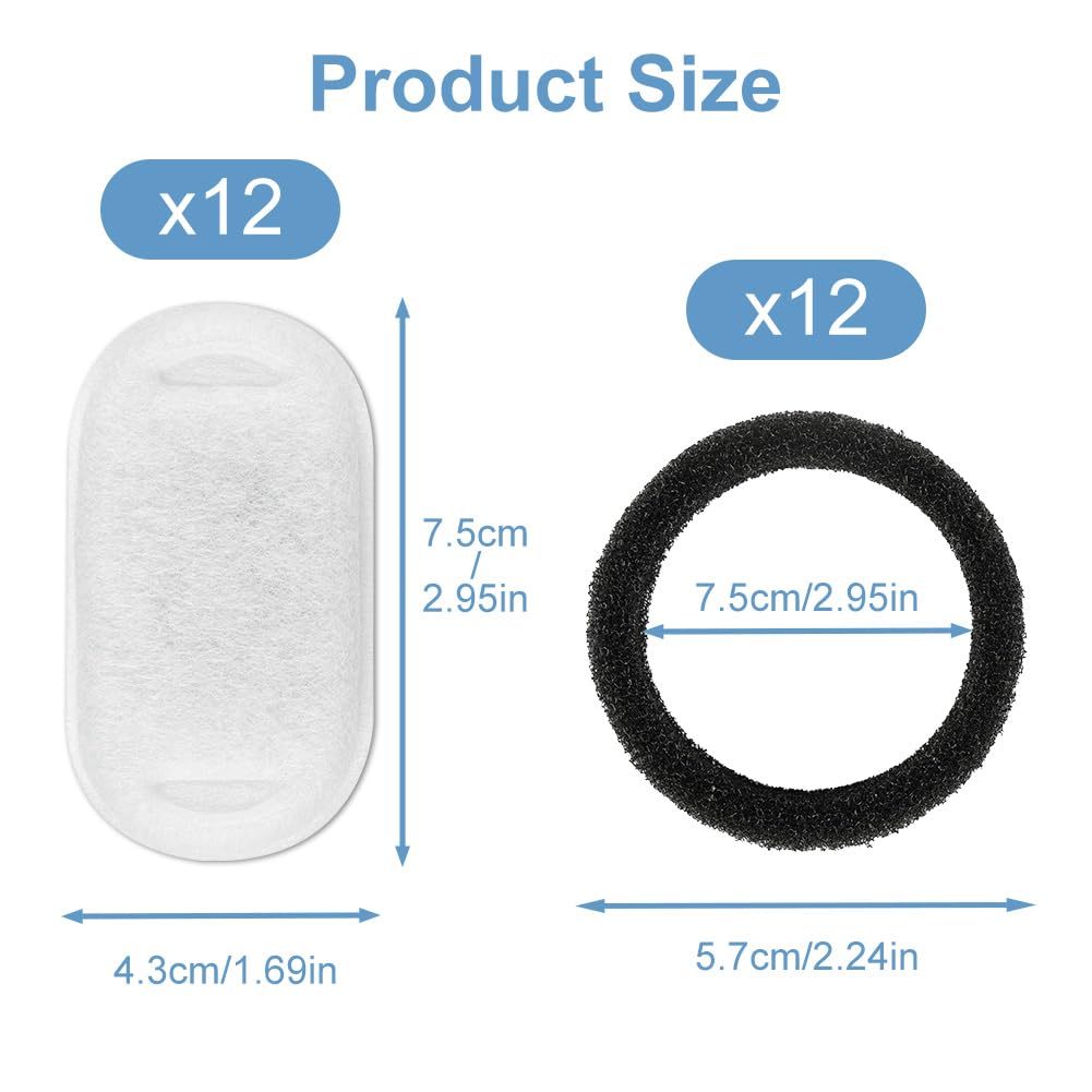 Alaoo Cat Water Fountain Filters, 12 Pcs Pet Water Fountain Filters, Activated Carbon Filter & Black Foam Filter - Image 2