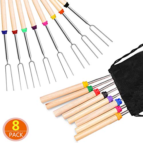 FANSIR Barbecue Forks Set of 8 Marshmallow Roasting Sticks Extendable Stainless Steel 32 Inch U Shape Hot Dog Fork with Wooden Handle Grilling Skewers for Camping Campfire Party Picnic Meal Buffet