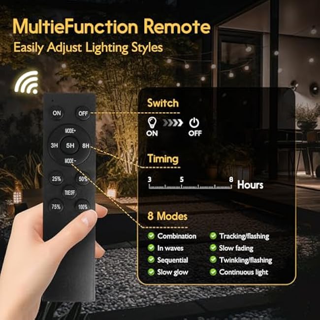 S14 Solar String Lights Outdoor with Remote 100 FT, USB & Solar Dual Charging, Waterproof, 8 Modes 3 Timers, 34+3 LED Shatterproof Bulbs, Dimmable Solar Light for Camping Backyard Bistro Porch Garden