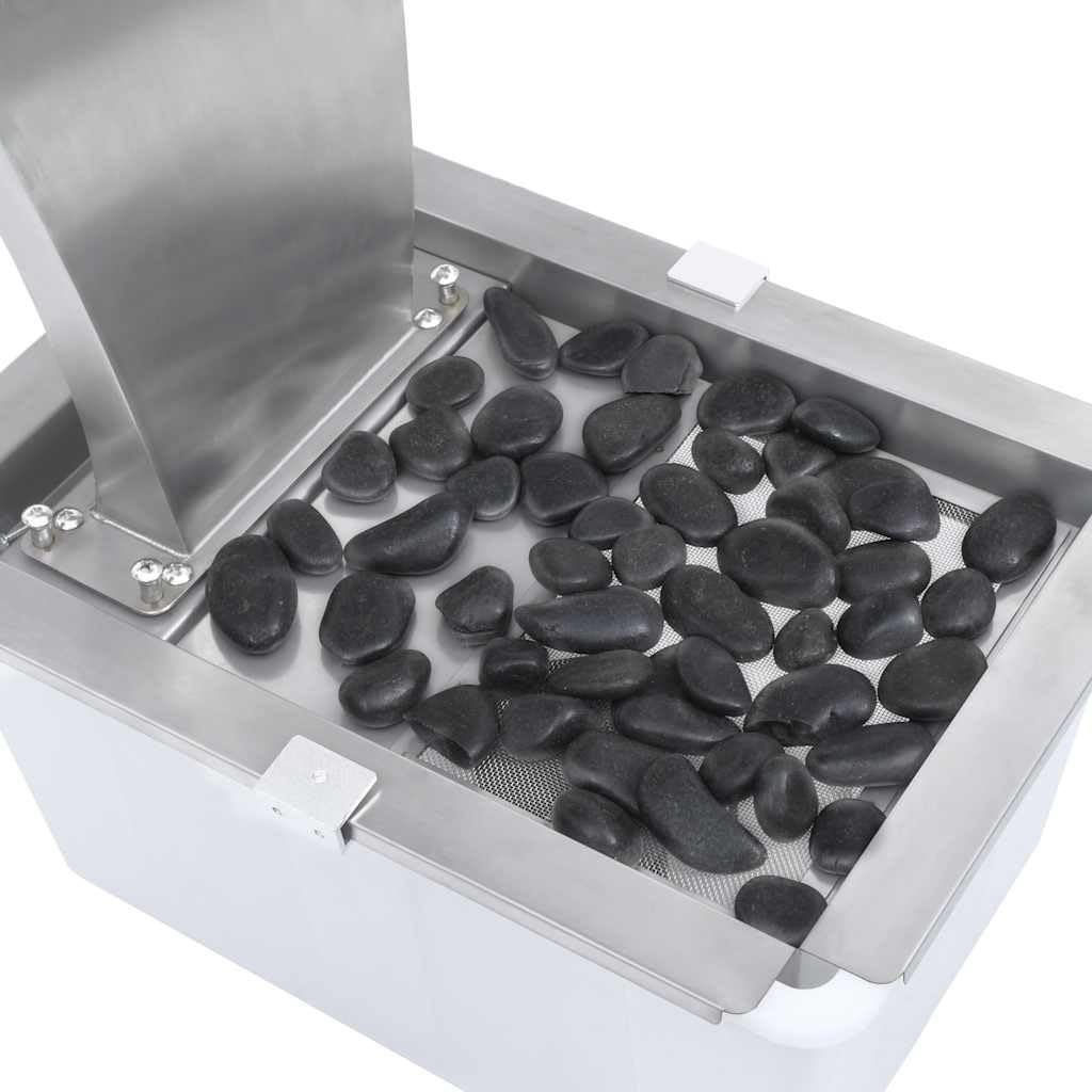 Fontana da giardino a cascata in acciaio inox, colore argento, 34 x 49 x 82 cm, con pompa, luce a LED, luce bianca calda, cascata per giardino, terrazza, laghetto, esterno, Feng Shui