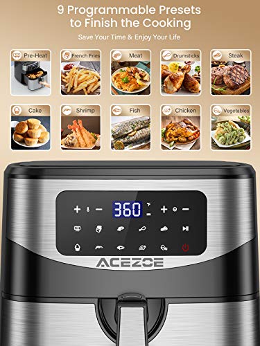 Acezoe 7.4 Quart Air Fryer, 9 Presets Electric Air Fryers Oven with Preheat, 1700-Watt Hot Air Fryers with LED Digital Touchscreen,Nonstick Basket, 23 Recipes, Stainless Steel Large Vortex Air Fryers