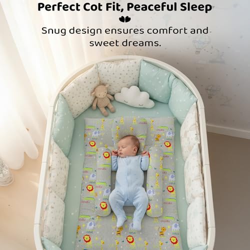 Image of StarAndDaisy Newborn Baby Bedding Nest 100% Cotton Cushioned Mattress Sheet with 2 Side Bolster Pillows & 1 Head Pillow Breathable & Soft Boys & Girl Design (Animal Print)
