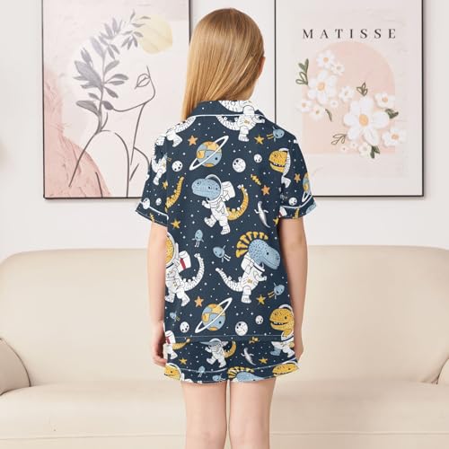 ALAZA Astronaut Dinosaur Star Blue Pajamas Satin Pajama Set Short Sleeve Button Down Sleepwear4