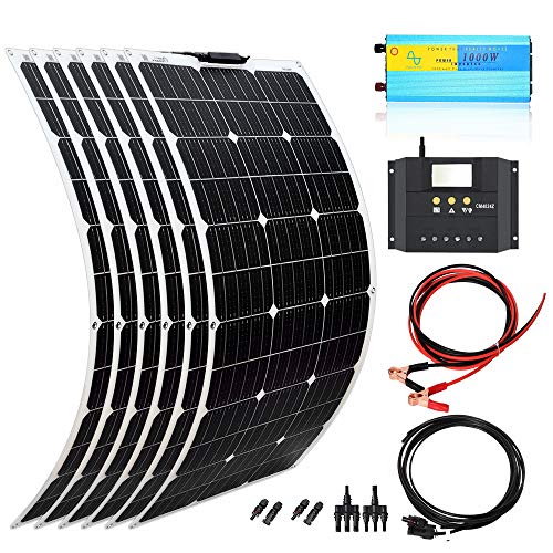 XINPUGUANG 600w 12v Kit solar 6pcs 100W Paneles solares flexibles Módulo mono Regulador solar 60A Inversor 1000W para autocaravana, barco, automóvil, caravana, carga de batería de 12v (600)