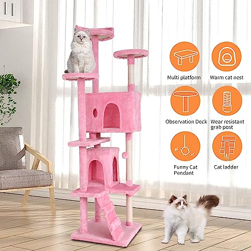 Image of BestPet | 70 inch Cat Tree Tower | Pink | Sturdy Multi-Level Cat Tree