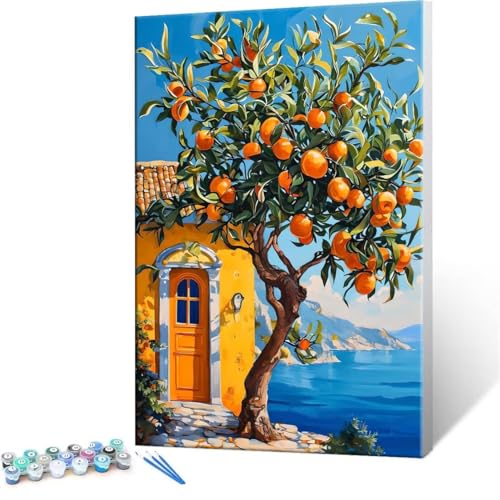 DIY 数字油絵 柿の木 Paint by Numbers 塗り絵 キット 大人 数字ぬりえ 子供の用数字塗り絵キャンバスクラフト数字 キャンバスアート ブラシとアクリル絵の具が入, インテリア リビング装飾, 女性へのギフト 20x30cm (フレームレ