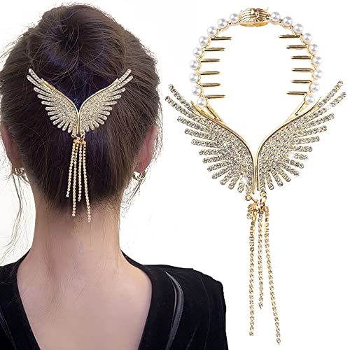 Myhiju Angel Wings Rhinestone Hair Clips,Gold Hair Barrettes Tassel Claw Clips Pearl Hair Styling Accessories Pill Head Hair Accessories High Ponytail Coiled Hair Pins Shiny Hair Accessories For Girls #TOP8
