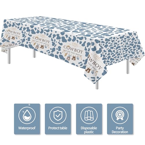 Image of Western Cowboy Baby Shower Tablecloth Decorations - Disposable Little Cowboy Baby Boy Table Decorations Tablecover, Wild West Rodeo Baby Shower Supplies Table Cloth - 3 Pack (54in x 108in)