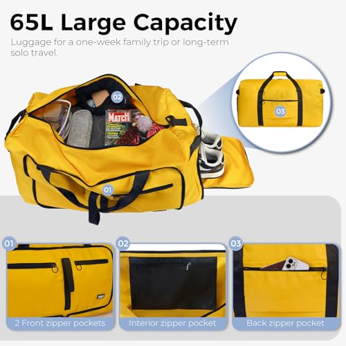 Image of Fmeida 65L Duffle Bag Foldable Travel Duffel Bags for Men Women Travel Bag | Shoes Compartment, 65L Large Capacity, Foldable, Packable, Water Repellent, Tear Resistant, for Traveling Gym Overnight Camp