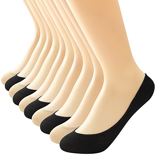 Womens No Show Liner Socks 10 Pairs Casual Low Cut Invisible Non-Slip Socks Loafer Socks for Women Flats,Black/Nude,Fits shoe sizes 6-9