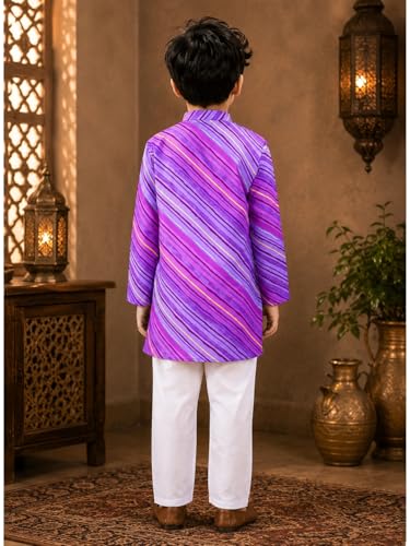 Image of superminis Cotton Boys Sanganeri Lehariya Printed Kurta Set with White Pyjama Elastic Closure