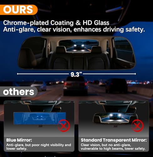 Image of Rear View Mirror, 9.3 Inch Chrome Anti-glare Panoramic Rear Mirrors Universal Convex Car Interior Clip on Extra Big Wide Angle Rearview Mirror Extender to Reduce Blind Spot for Car SUV Truck