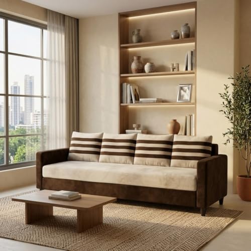 Image of Cavina Plush Comfort Sofa | 4 Seater | Luxury Velvet Suede Fabric | Modern Living Room Sofa | Dark Brown - Cream