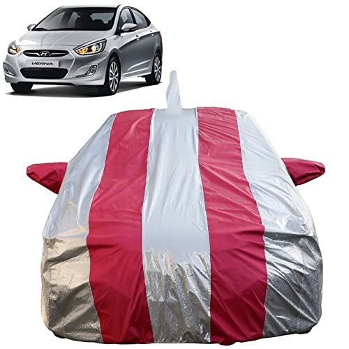 Image of Autofact Waterproof Car Body Cover Compatible with Hyundai Verna Fludic (2011 to 2016) with Mirror and Antenna Pockets (Pink Stripes with Shinning Silver Fabric /Waterproof Cover)