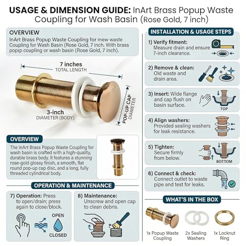 Image of InArt Brass Popup Waste Coupling for Wash Basin - Full Thread, Glossy Finish, Corrosion Resistant, Rose Gold, 7 Inch, 1 Pc(Rose Gold)