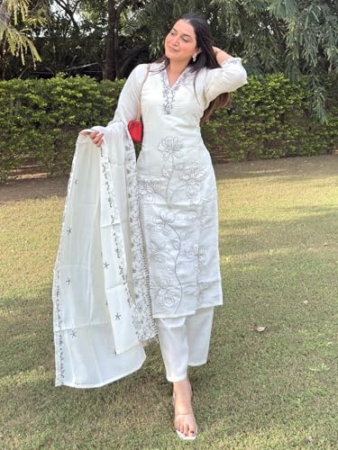 Image of VredeVogel Women's Silk Blend Embroidered Kurta Pant with Dupatta Set | Festive & Casual Summer Kurti with Pants for Party Office & Ethnic Occasions