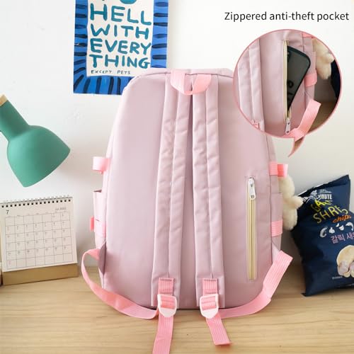 IvyH Schulranzen-Set 5-teilig, Schultasche Mädchen Rucksack Schule Teenager Schulrucksack für Mädchen der 3. bis 7. Klasse, School Bag Set mit Einkaufstasche Federmäppchen Brustbeutel,45 cm-Rosa