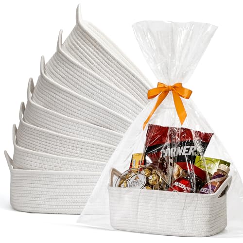 Image of 8 Pack Cute Woven Basket with Gift Bags and Ribbons, 12 inchx 8 inchx 5 inch, Empty Decorative Gift Chest Box, Valentines Day Gifts Small Basket, Baby Gift Basket for Nursery, Cotton Rope Basket with Handles
