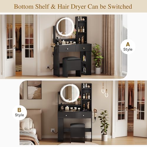 GOOBED Vanity Desk with Mirror and Light, Black Small Vanity Set with Charger Station, Makeup Table with Round Mirror and Adjustable 3 Lighting Modes for Bedroom, Makeup Dressing Desk Chair
