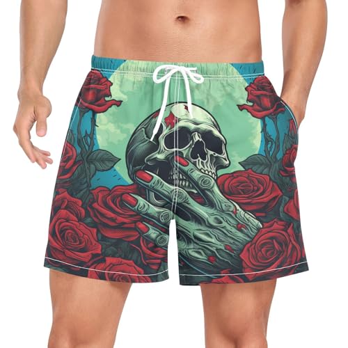 Niigeu Halloween Rose Flower Skeleton Men's Swim Trunks Quick Dry Boy Shorts