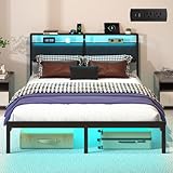 J.Fkne Queen Bed Frame with LED Lights & Charging Station, Metal Platform Bed Frame with 2 Tier Storage Headboard, Under Bed Storage, No Box Spring Needed, Noise Free, Easy Assembly