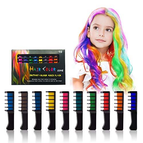 Hair Chalk Comb-Temporary Bright Hair Color Dye for Girls Kids, Washable Hair Chalk for Girls Kids Gifts on Christmas/Birthday Party/Cosplay DIY (10color)