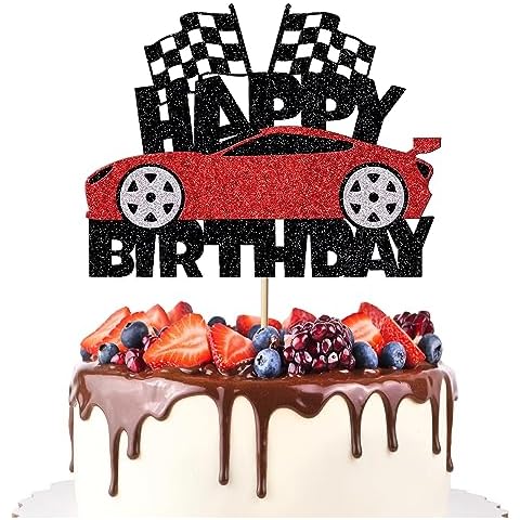 Artczlay Car Theme Happy Birthday Cake Topper Gold and Black Glitter Cake Topper — Birthday Theme Party for Car Racing Cover