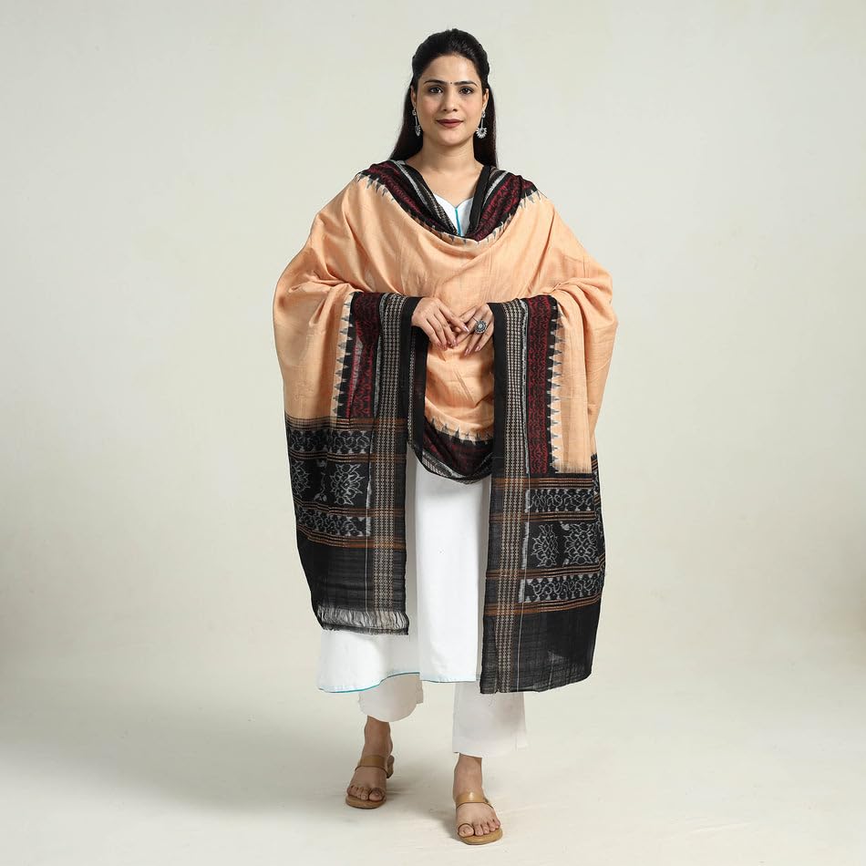 Image of Cotton Dupatta with weaving and Ikat woven border from the Weavers Stole for Girls & Women