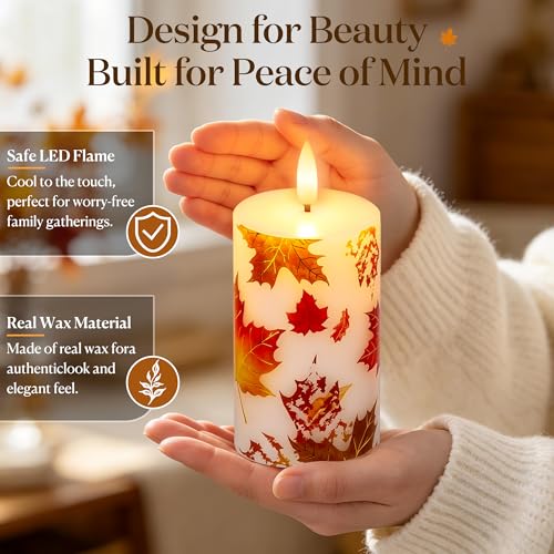 Image of JOIONE Maple Leaf Flameless Pillar Candles with Remote, 3 Pack Fall Decor | Battery Operated LED, Maple Leaf Design, Real Wax, Remote Control, Warm Flickering Glow, Safe Fall Home & Party Decor